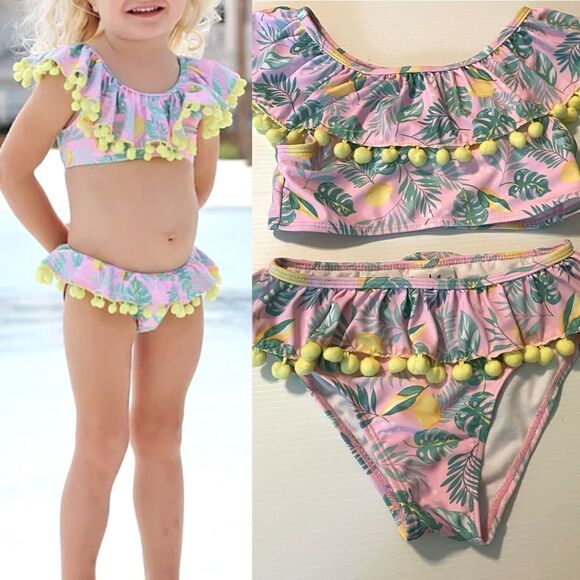 Nicole Miller 2 PC Tropical Pink Green Pom Pom Bikini Swimsuit UPF 50 Girl S 7/8 - Picture 1 of 10